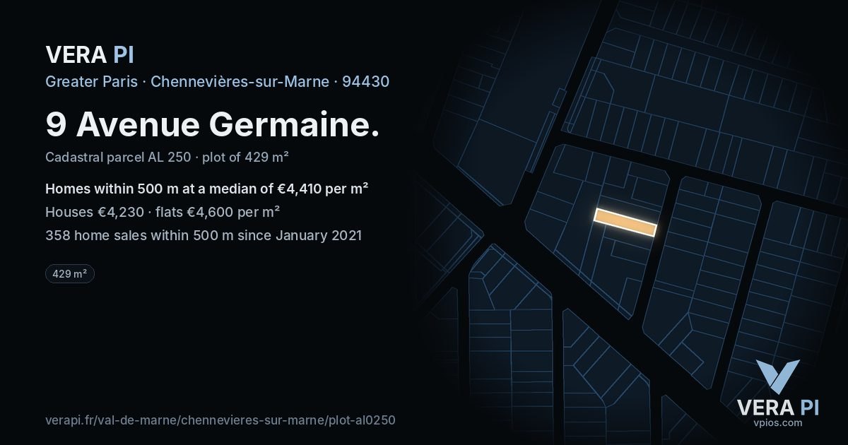 9 Avenue Germaine, Chennevières-sur-Marne at night – the plot lit, the parcels around coloured by the prices near them