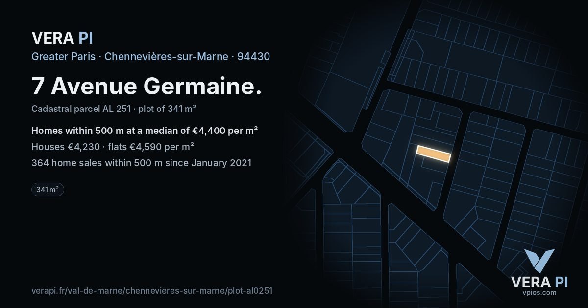7 Avenue Germaine, Chennevières-sur-Marne at night – the plot lit, the parcels around coloured by the prices near them