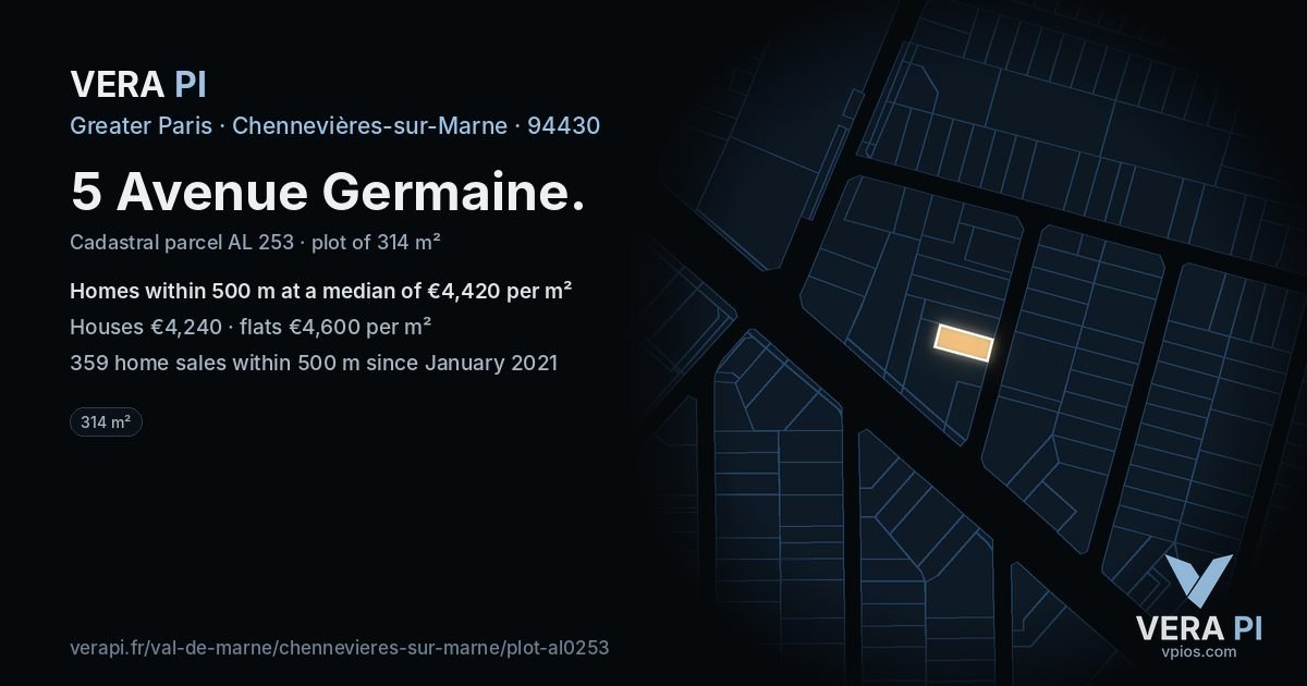 5 Avenue Germaine, Chennevières-sur-Marne at night – the plot lit, the parcels around coloured by the prices near them