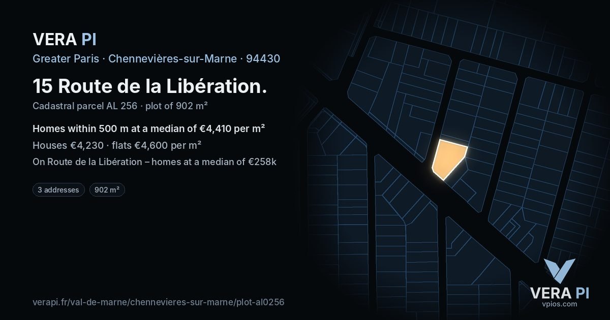 15 Route de la Libération, Chennevières-sur-Marne at night – the plot lit, the parcels around coloured by the prices near them