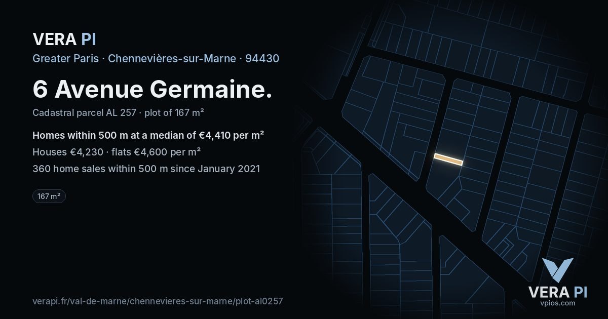 6 Avenue Germaine, Chennevières-sur-Marne at night – the plot lit, the parcels around coloured by the prices near them