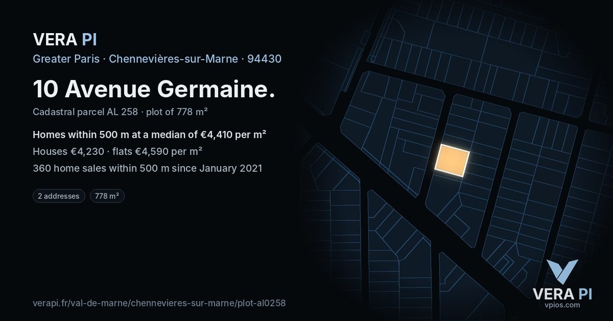 10 Avenue Germaine, Chennevières-sur-Marne at night – the plot lit, the parcels around coloured by the prices near them
