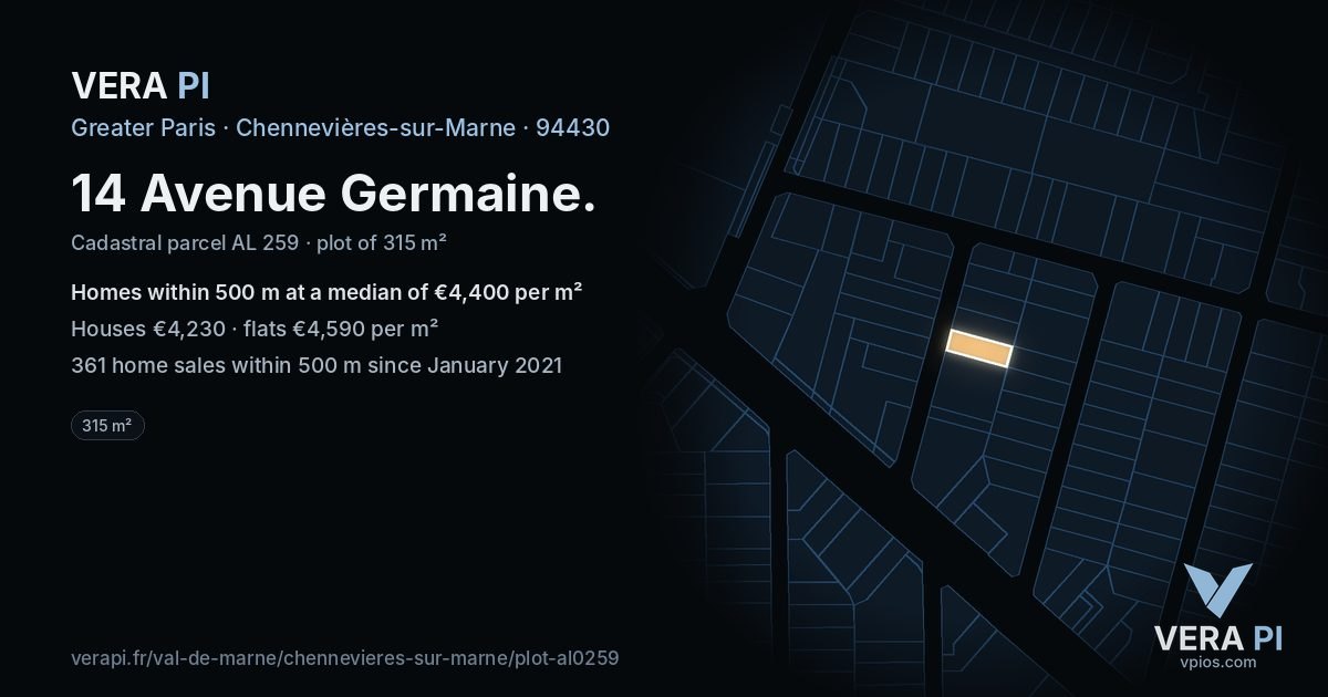14 Avenue Germaine, Chennevières-sur-Marne at night – the plot lit, the parcels around coloured by the prices near them