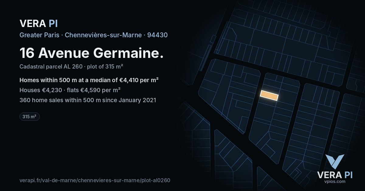 16 Avenue Germaine, Chennevières-sur-Marne at night – the plot lit, the parcels around coloured by the prices near them