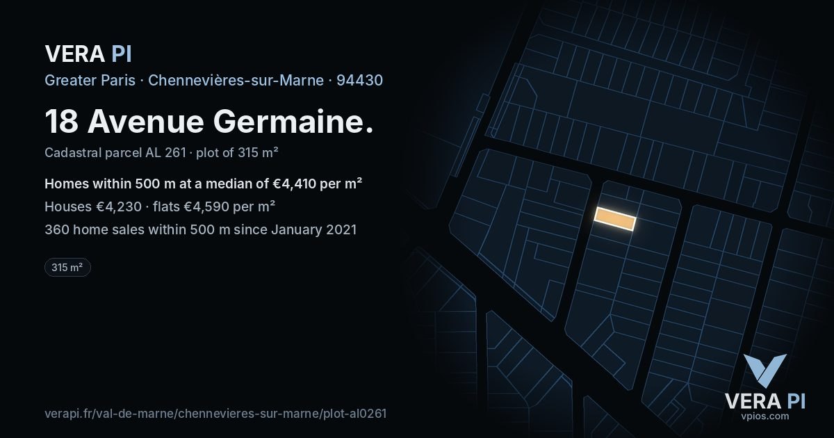 18 Avenue Germaine, Chennevières-sur-Marne at night – the plot lit, the parcels around coloured by the prices near them