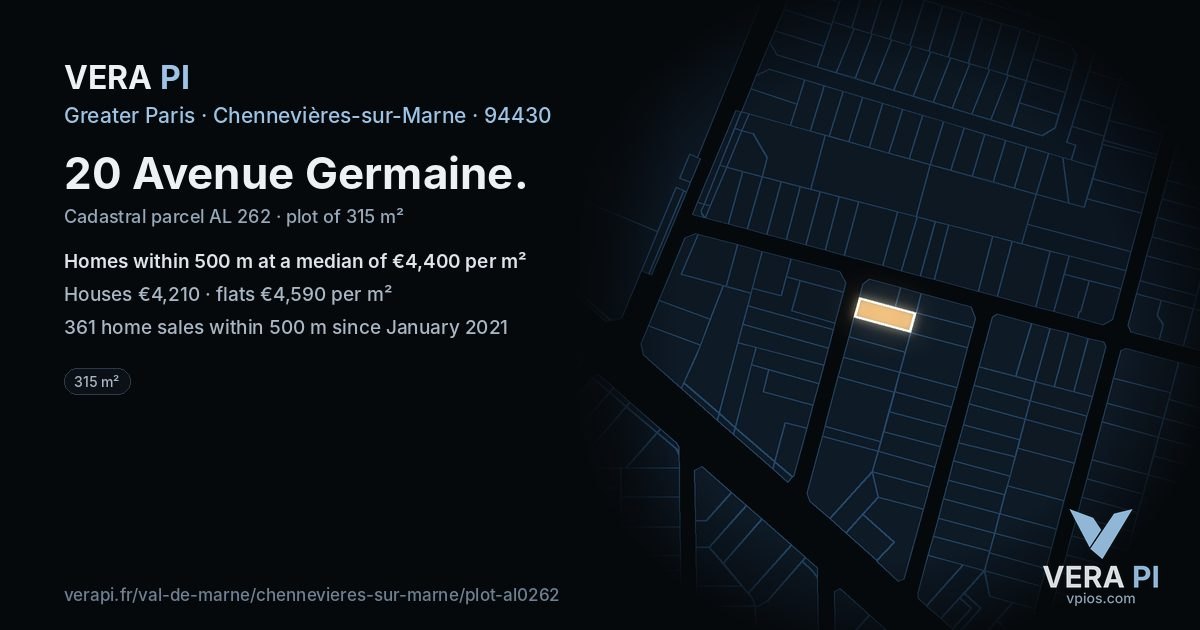 20 Avenue Germaine, Chennevières-sur-Marne at night – the plot lit, the parcels around coloured by the prices near them