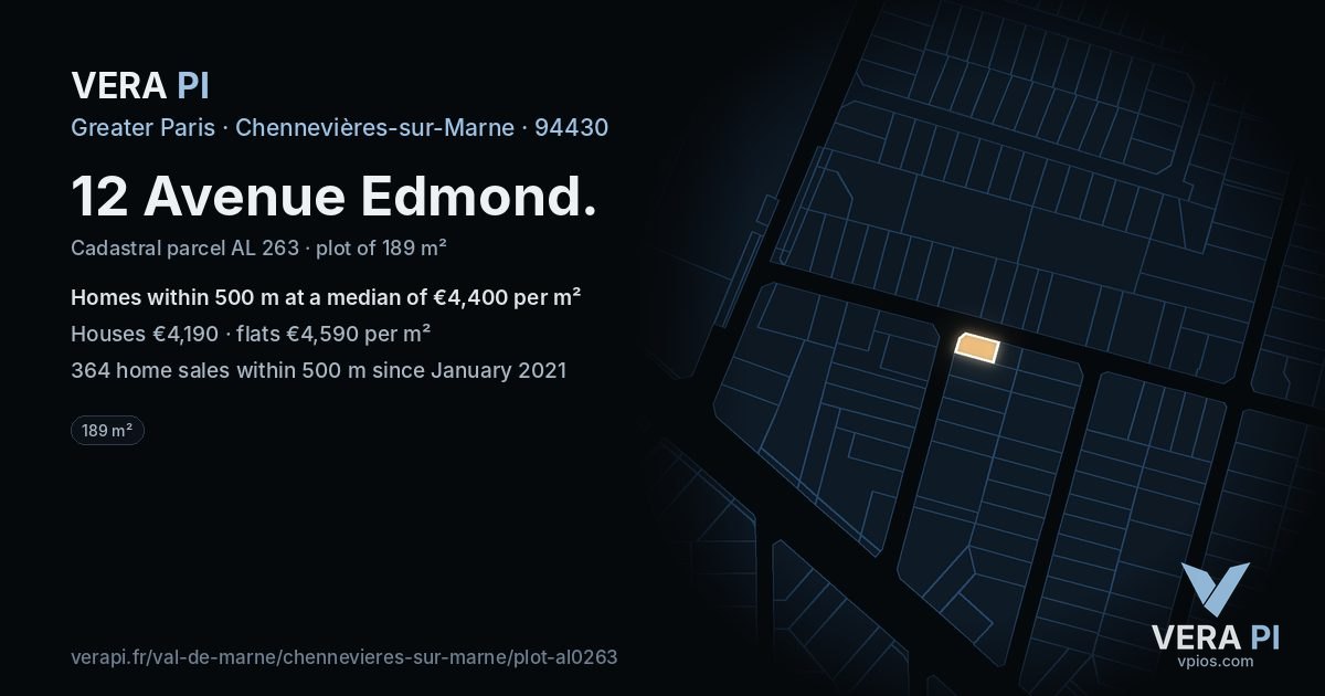 12 Avenue Edmond, Chennevières-sur-Marne at night – the plot lit, the parcels around coloured by the prices near them