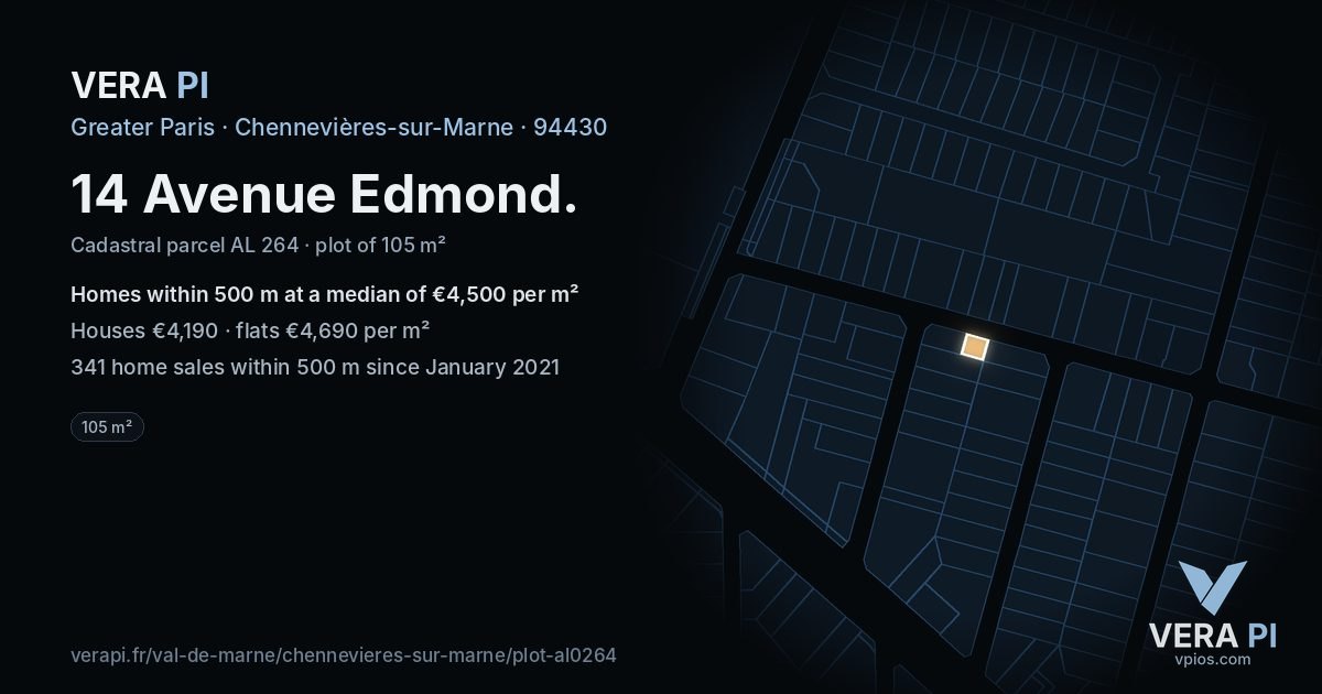 14 Avenue Edmond, Chennevières-sur-Marne at night – the plot lit, the parcels around coloured by the prices near them