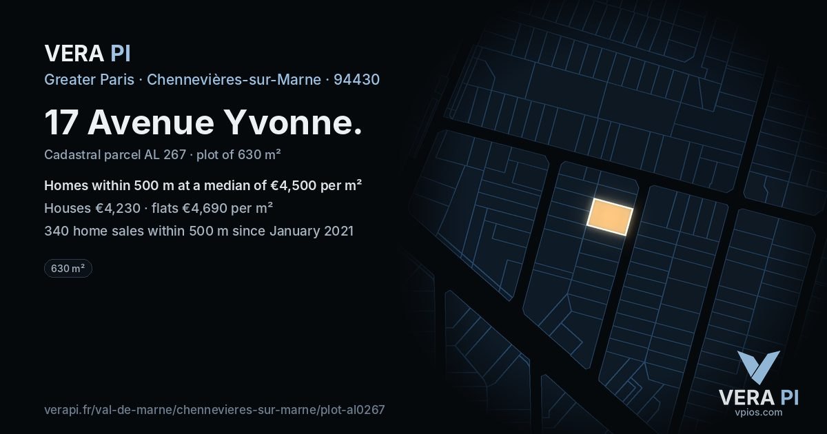 17 Avenue Yvonne, Chennevières-sur-Marne at night – the plot lit, the parcels around coloured by the prices near them