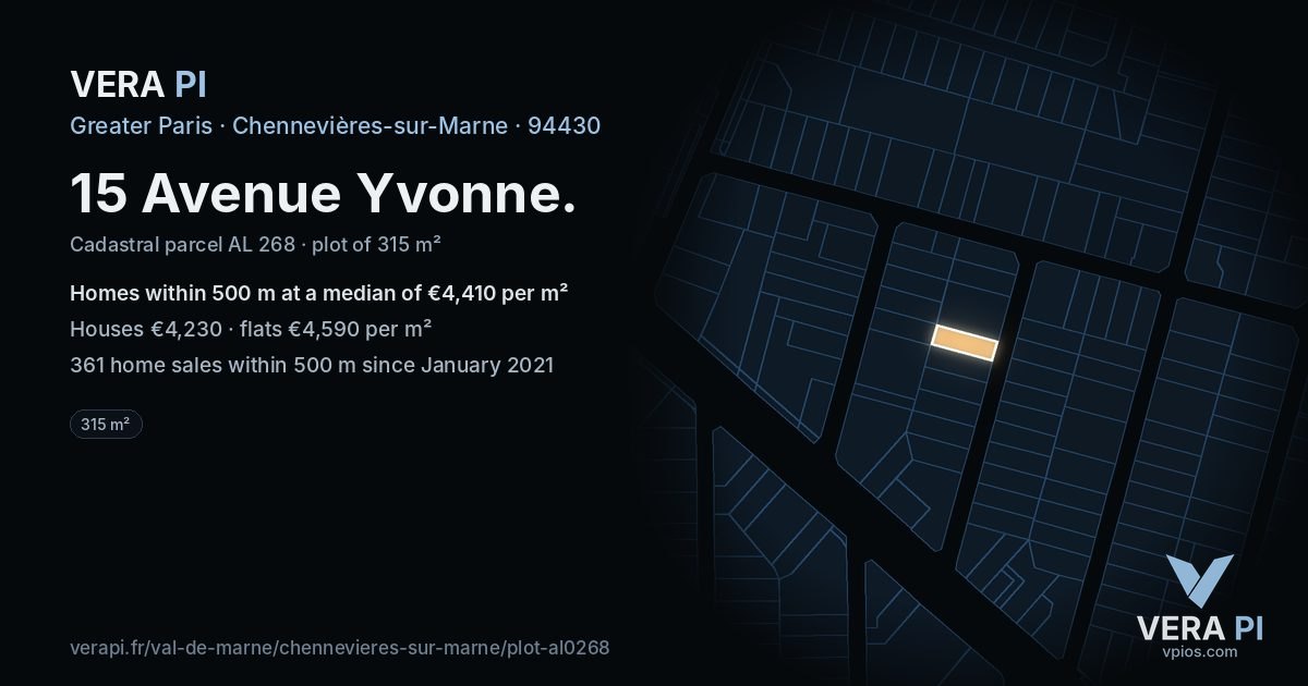 15 Avenue Yvonne, Chennevières-sur-Marne at night – the plot lit, the parcels around coloured by the prices near them