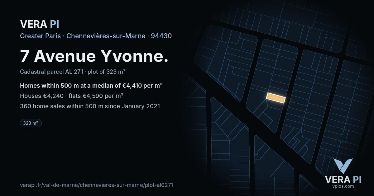 7 Avenue Yvonne, Chennevières-sur-Marne at night – the plot lit, the parcels around coloured by the prices near them