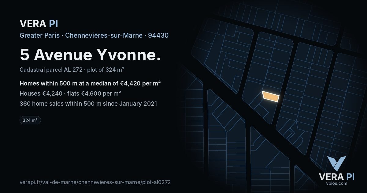 5 Avenue Yvonne, Chennevières-sur-Marne at night – the plot lit, the parcels around coloured by the prices near them