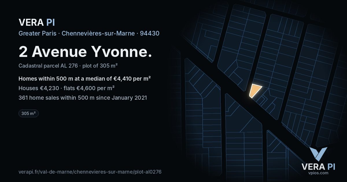 2 Avenue Yvonne, Chennevières-sur-Marne at night – the plot lit, the parcels around coloured by the prices near them