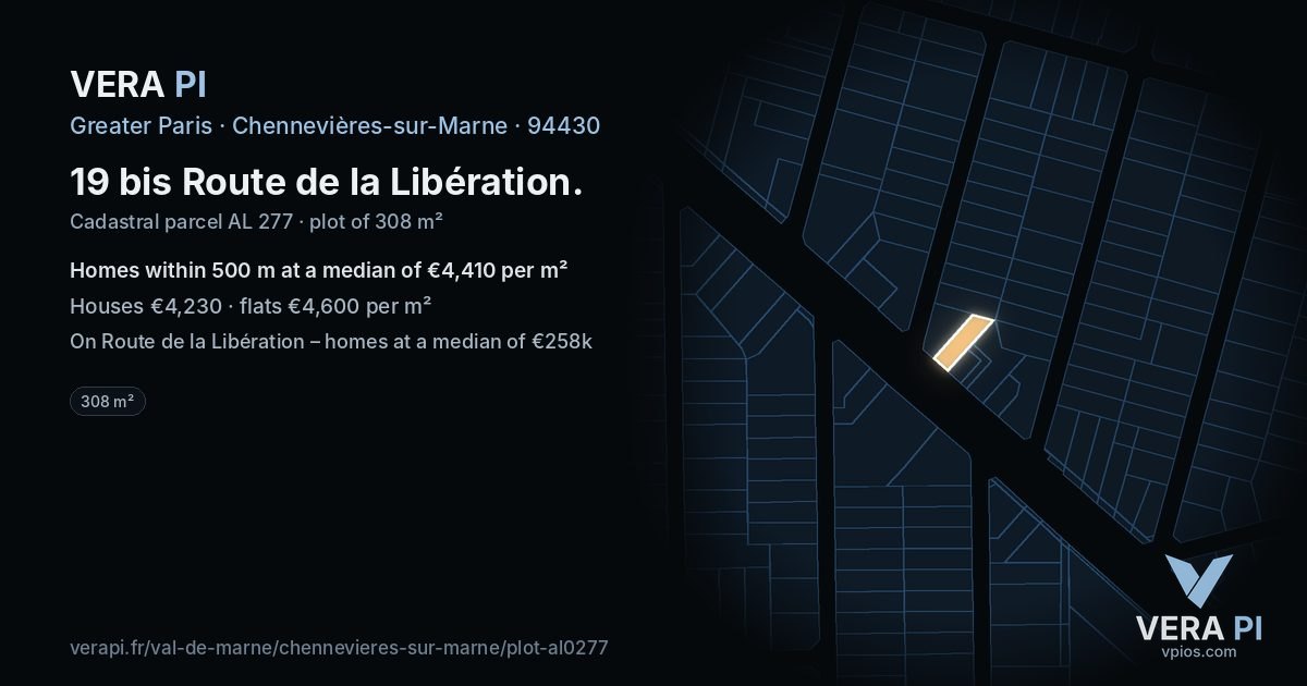 19 bis Route de la Libération, Chennevières-sur-Marne at night – the plot lit, the parcels around coloured by the prices near them
