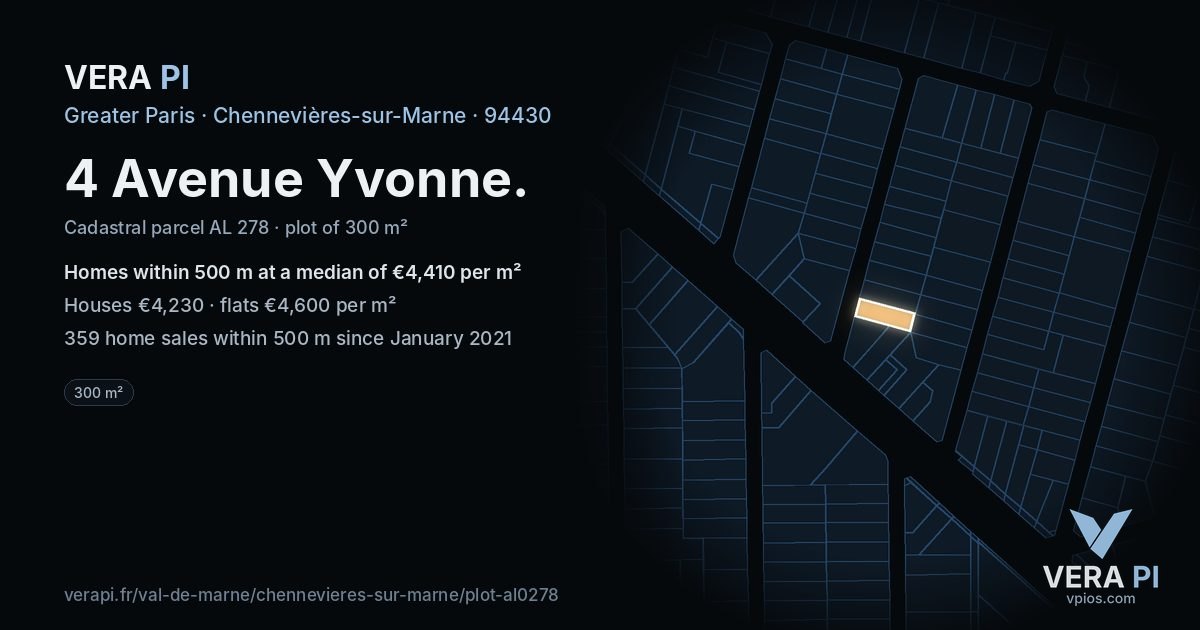 4 Avenue Yvonne, Chennevières-sur-Marne at night – the plot lit, the parcels around coloured by the prices near them