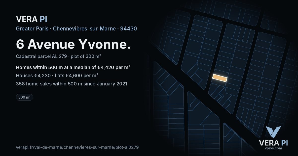 6 Avenue Yvonne, Chennevières-sur-Marne at night – the plot lit, the parcels around coloured by the prices near them