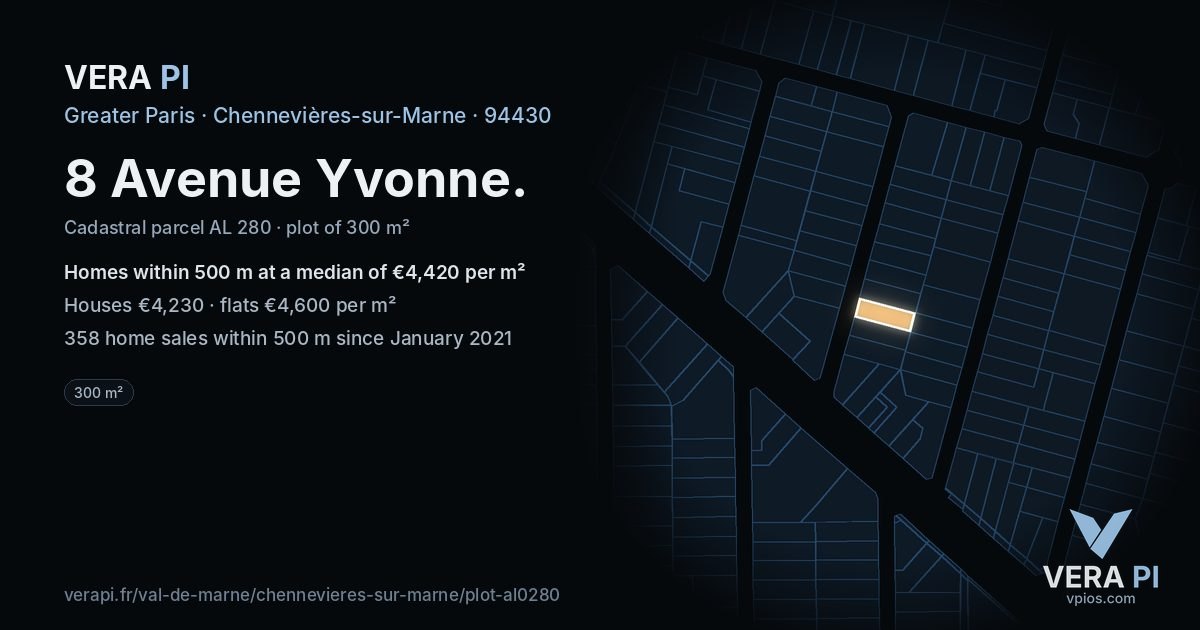 8 Avenue Yvonne, Chennevières-sur-Marne at night – the plot lit, the parcels around coloured by the prices near them