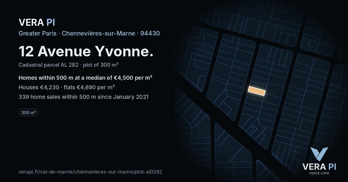12 Avenue Yvonne, Chennevières-sur-Marne at night – the plot lit, the parcels around coloured by the prices near them