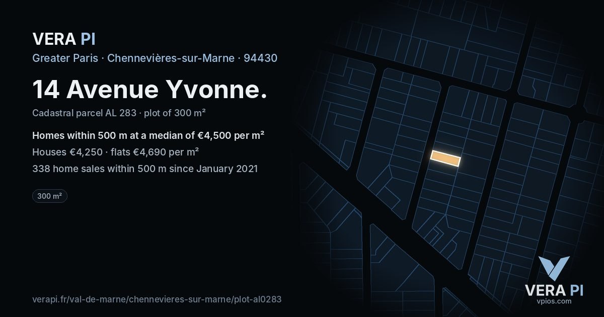 14 Avenue Yvonne, Chennevières-sur-Marne at night – the plot lit, the parcels around coloured by the prices near them