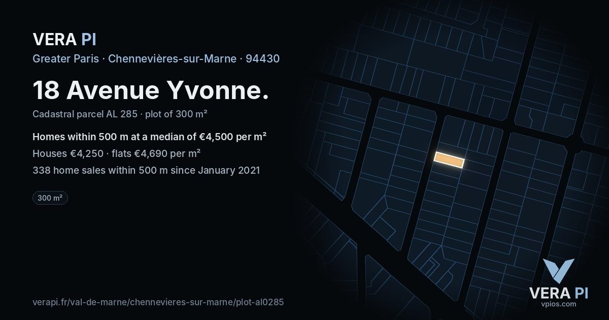 18 Avenue Yvonne, Chennevières-sur-Marne at night – the plot lit, the parcels around coloured by the prices near them