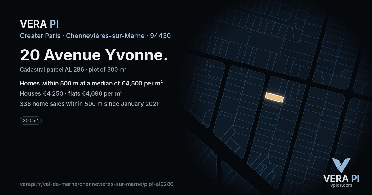 20 Avenue Yvonne, Chennevières-sur-Marne at night – the plot lit, the parcels around coloured by the prices near them