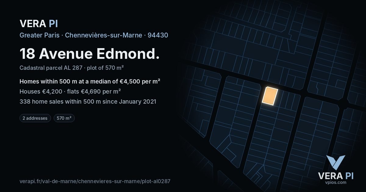 18 Avenue Edmond, Chennevières-sur-Marne at night – the plot lit, the parcels around coloured by the prices near them