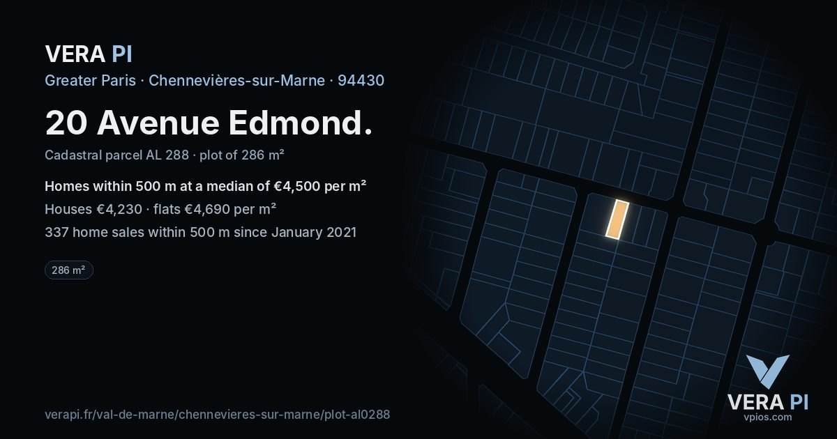 20 Avenue Edmond, Chennevières-sur-Marne at night – the plot lit, the parcels around coloured by the prices near them