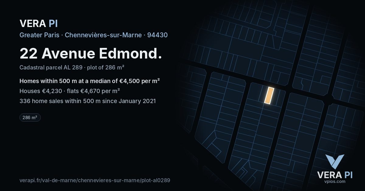 22 Avenue Edmond, Chennevières-sur-Marne at night – the plot lit, the parcels around coloured by the prices near them