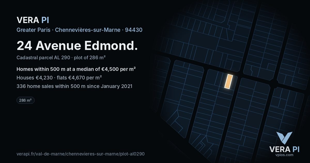 24 Avenue Edmond, Chennevières-sur-Marne at night – the plot lit, the parcels around coloured by the prices near them