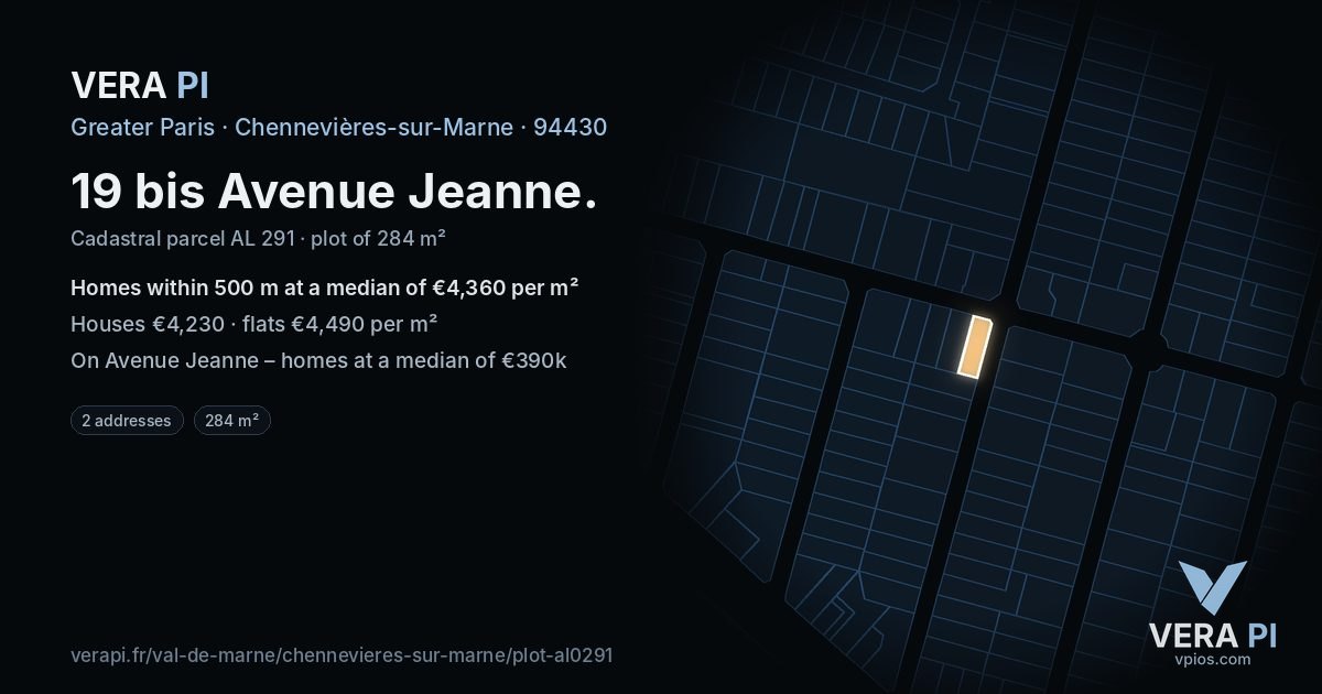 19 bis Avenue Jeanne, Chennevières-sur-Marne at night – the plot lit, the parcels around coloured by the prices near them