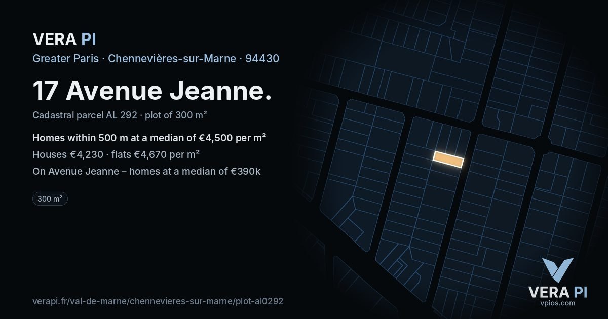 17 Avenue Jeanne, Chennevières-sur-Marne at night – the plot lit, the parcels around coloured by the prices near them