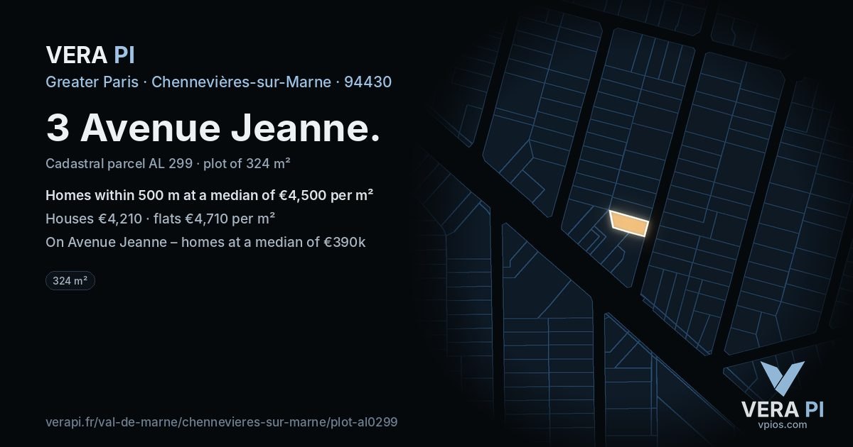 3 Avenue Jeanne, Chennevières-sur-Marne at night – the plot lit, the parcels around coloured by the prices near them
