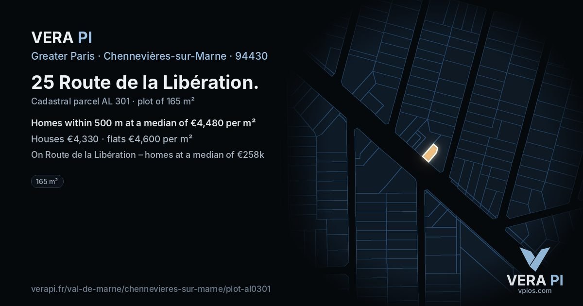 25 Route de la Libération, Chennevières-sur-Marne at night – the plot lit, the parcels around coloured by the prices near them