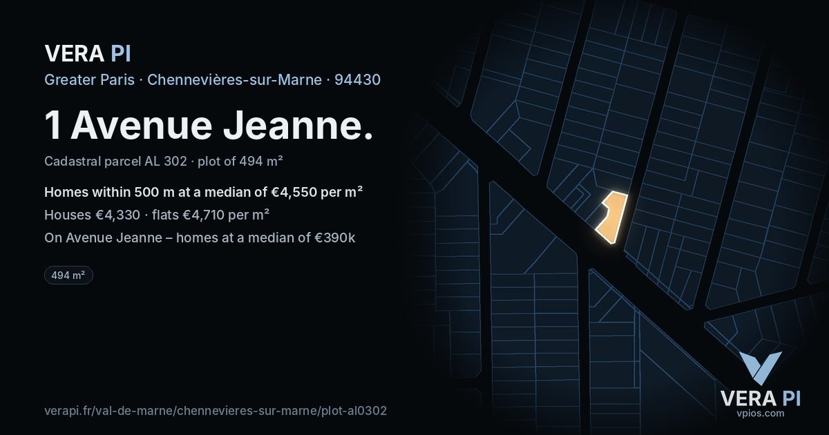 1 Avenue Jeanne, Chennevières-sur-Marne at night – the plot lit, the parcels around coloured by the prices near them