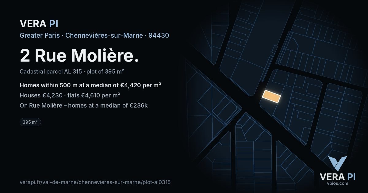 2 Rue Molière, Chennevières-sur-Marne at night – the plot lit, the parcels around coloured by the prices near them