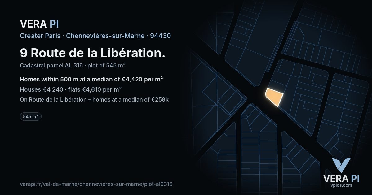 9 Route de la Libération, Chennevières-sur-Marne at night – the plot lit, the parcels around coloured by the prices near them