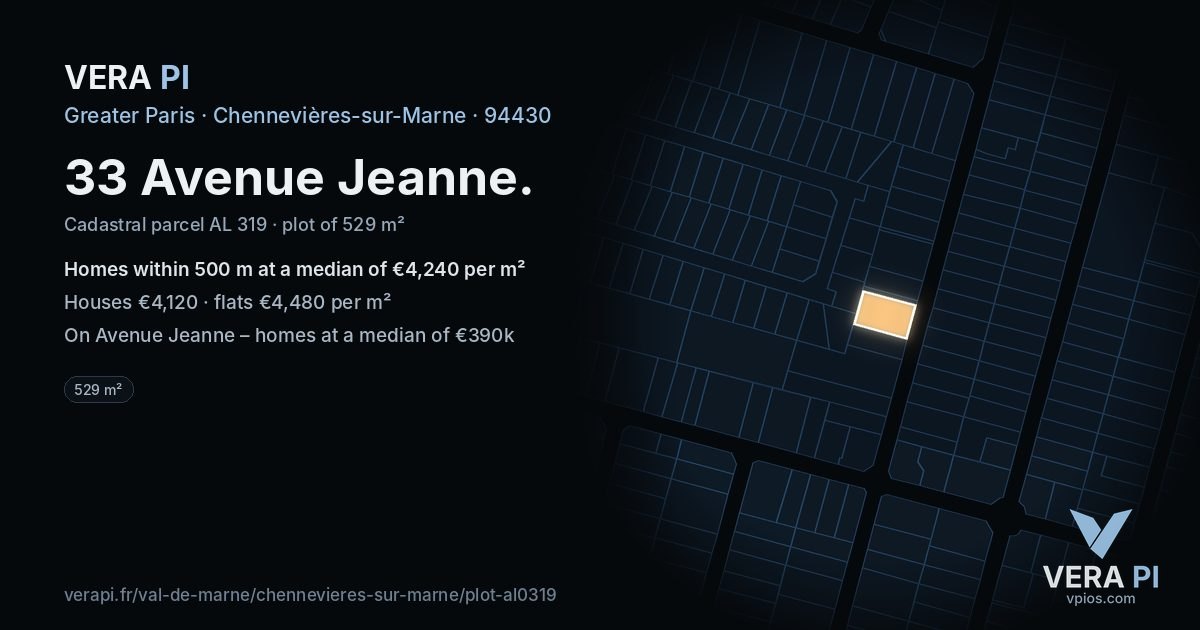 33 Avenue Jeanne, Chennevières-sur-Marne at night – the plot lit, the parcels around coloured by the prices near them