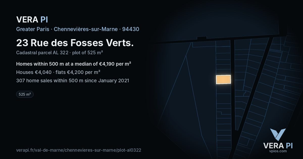 23 Rue des Fosses Verts, Chennevières-sur-Marne at night – the plot lit, the parcels around coloured by the prices near them