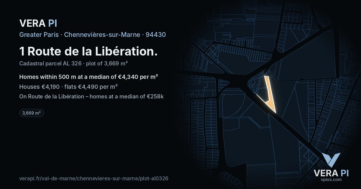 1 Route de la Libération, Chennevières-sur-Marne at night – the plot lit, the parcels around coloured by the prices near them