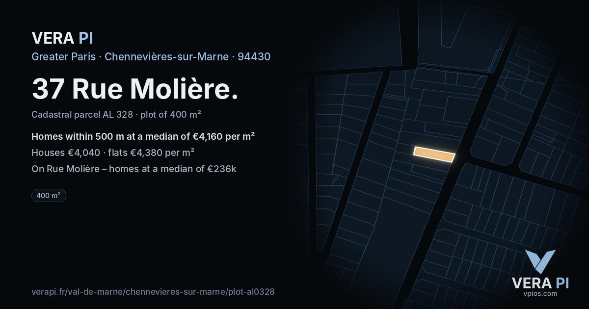 37 Rue Molière, Chennevières-sur-Marne at night – the plot lit, the parcels around coloured by the prices near them