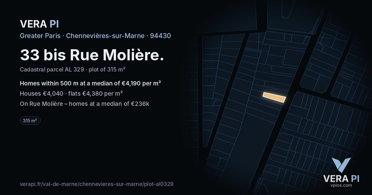 33 bis Rue Molière, Chennevières-sur-Marne at night – the plot lit, the parcels around coloured by the prices near them