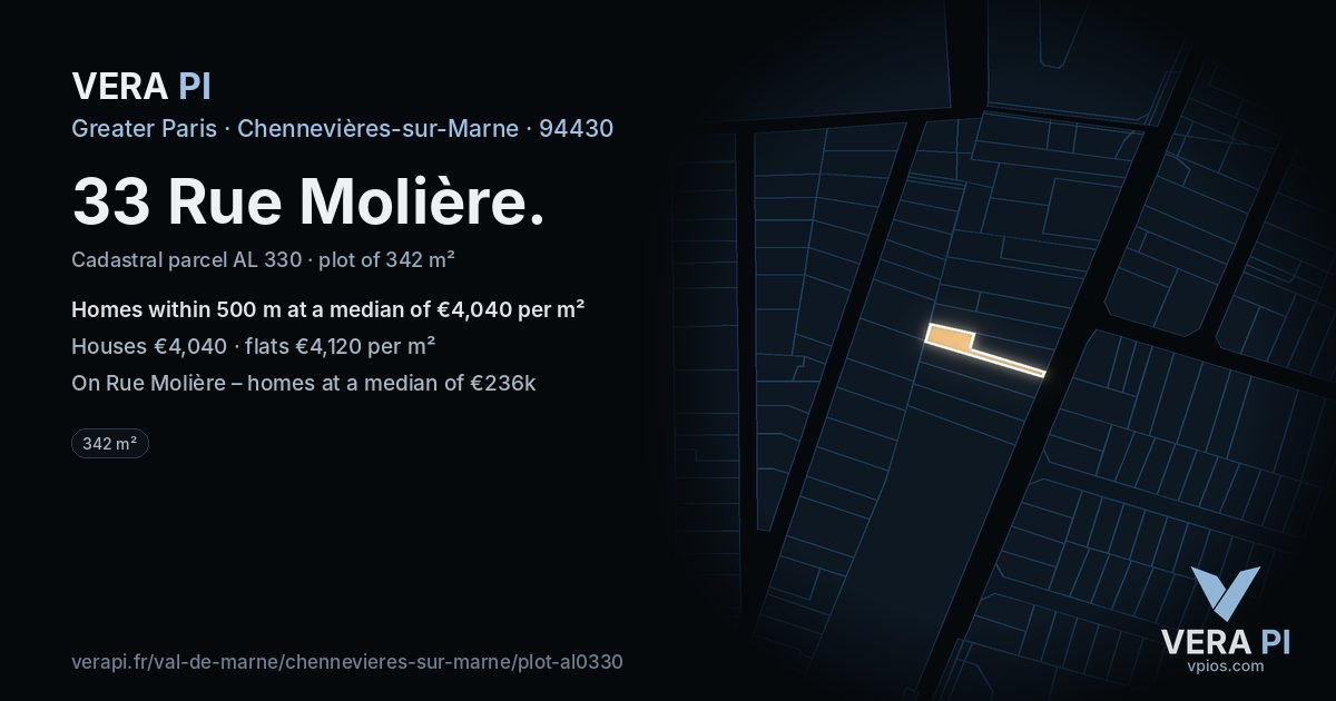 33 Rue Molière, Chennevières-sur-Marne at night – the plot lit, the parcels around coloured by the prices near them