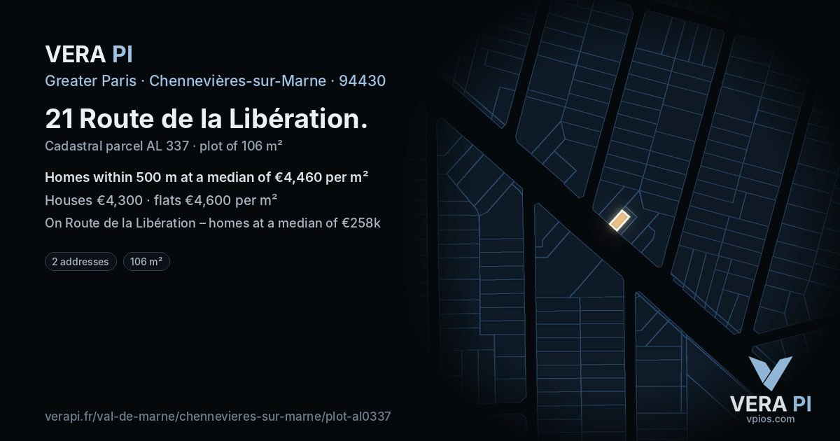 21 Route de la Libération, Chennevières-sur-Marne at night – the plot lit, the parcels around coloured by the prices near them