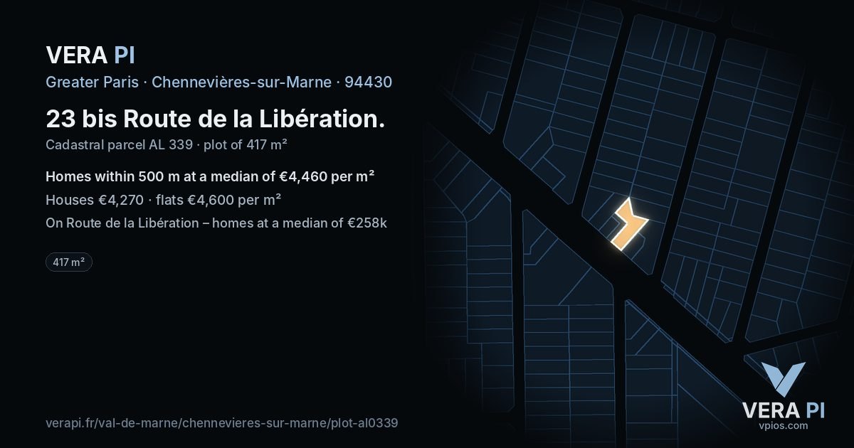 23 bis Route de la Libération, Chennevières-sur-Marne at night – the plot lit, the parcels around coloured by the prices near them