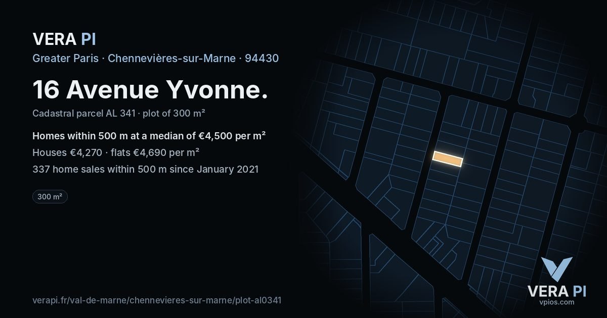 16 Avenue Yvonne, Chennevières-sur-Marne at night – the plot lit, the parcels around coloured by the prices near them