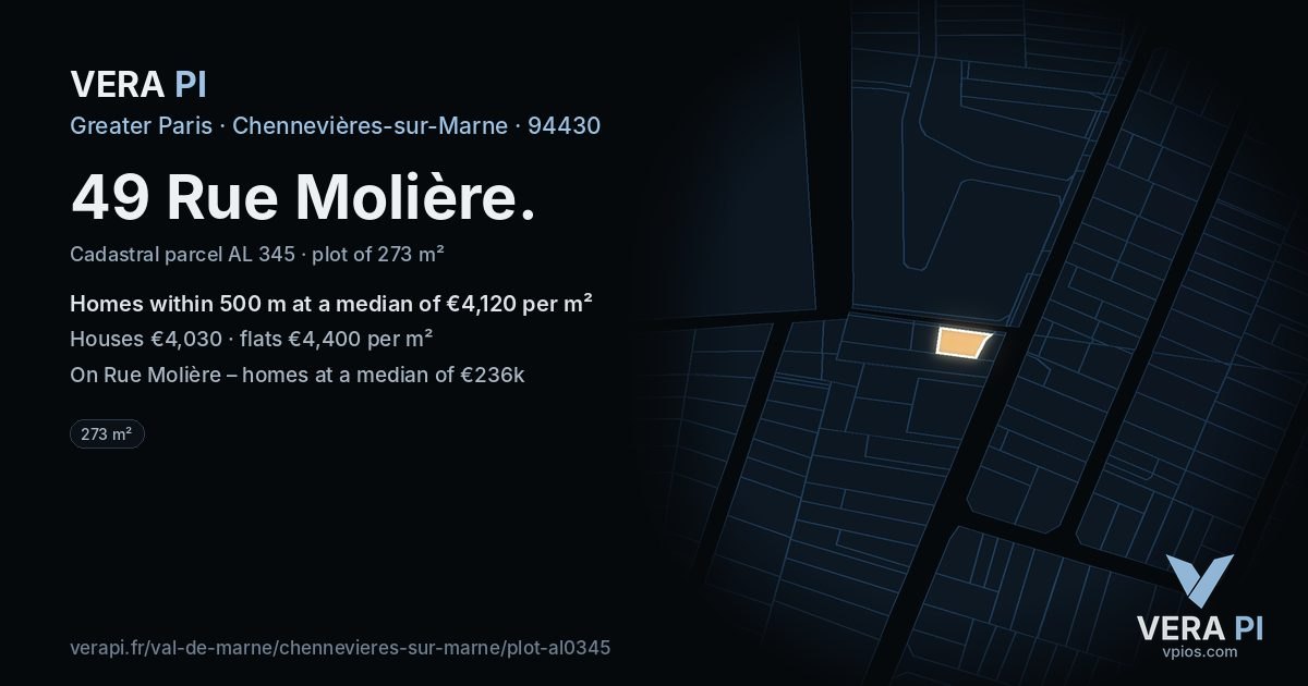 49 Rue Molière, Chennevières-sur-Marne at night – the plot lit, the parcels around coloured by the prices near them