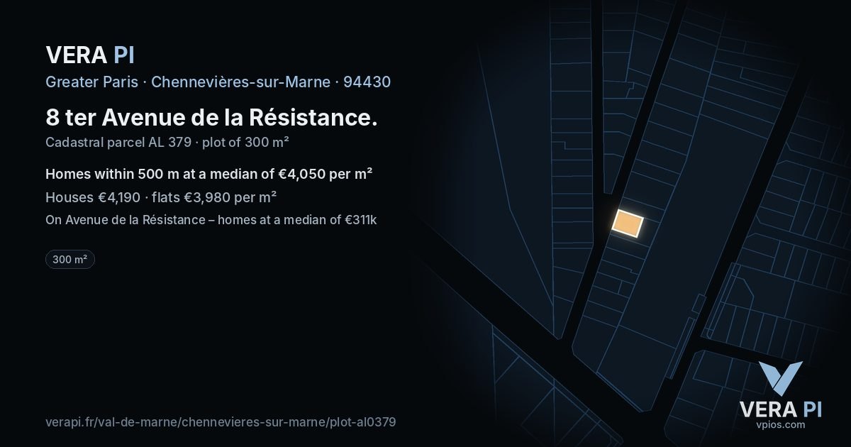 8 ter Avenue de la Résistance, Chennevières-sur-Marne at night – the plot lit, the parcels around coloured by the prices near them