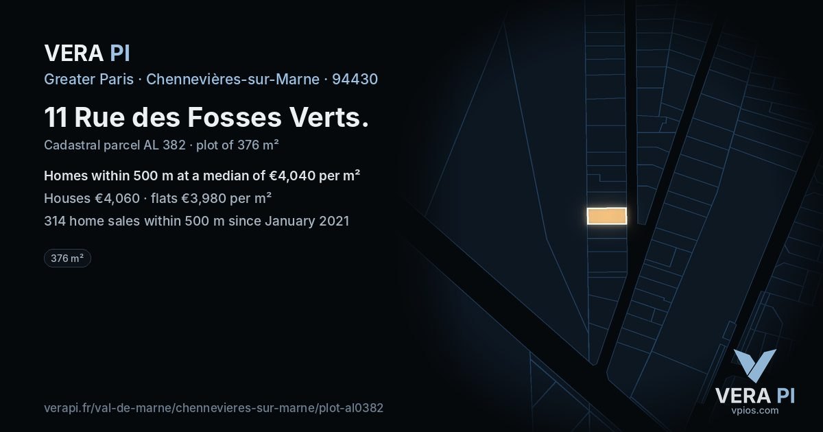 11 Rue des Fosses Verts, Chennevières-sur-Marne at night – the plot lit, the parcels around coloured by the prices near them
