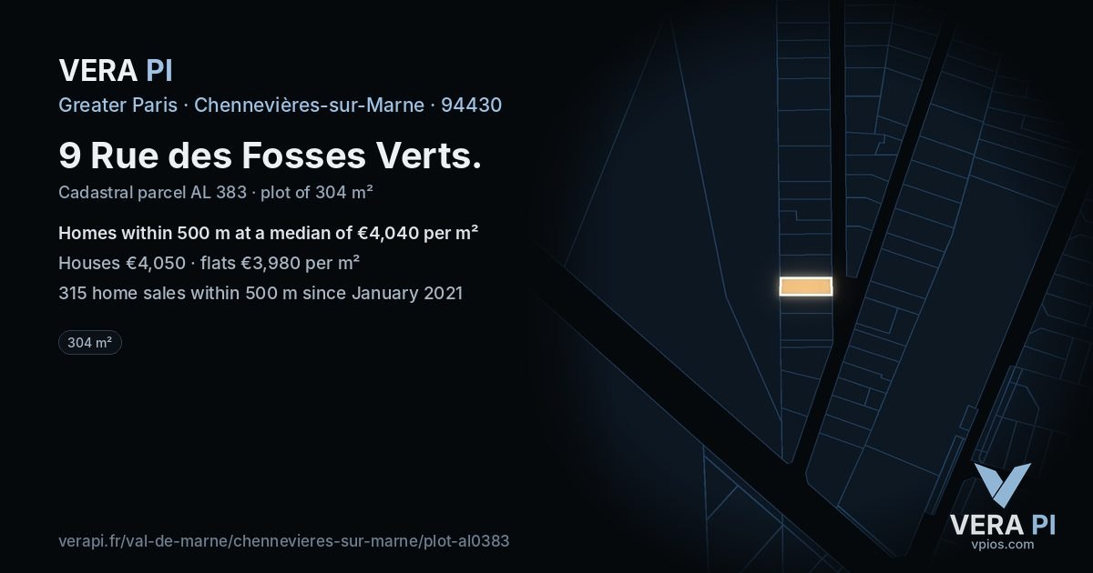 9 Rue des Fosses Verts, Chennevières-sur-Marne at night – the plot lit, the parcels around coloured by the prices near them