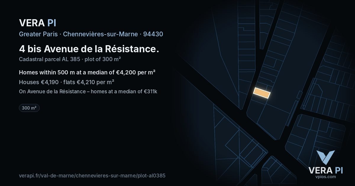 4 bis Avenue de la Résistance, Chennevières-sur-Marne at night – the plot lit, the parcels around coloured by the prices near them